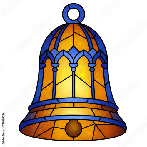 Stained Glass Blue and Gold Christmas Bell Ornament with Geometric Faceted Design and Glowing Interior Festive Holiday Decoration Vector Illustration Isolated on Transparent Background