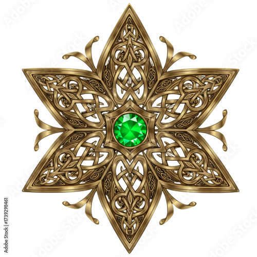 Intricate Gold Celtic Knot Star Ornament with Central Emerald Gem and Floral Accents Luxurious Festive Christmas Holiday Decoration Vector Illustration Isolated on Transparent Background