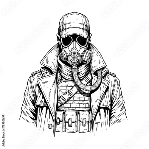Survivalist Character Illustration – Tactical Soldier in Gas Mask and Heavy Coat for Post-Apocalyptic Theme

