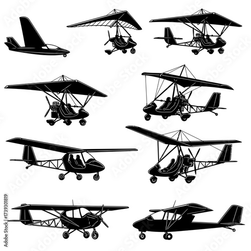 Hand-Drawn Ultralight Airplanes Set – Vintage Light Sport Aircraft Collection Vector


