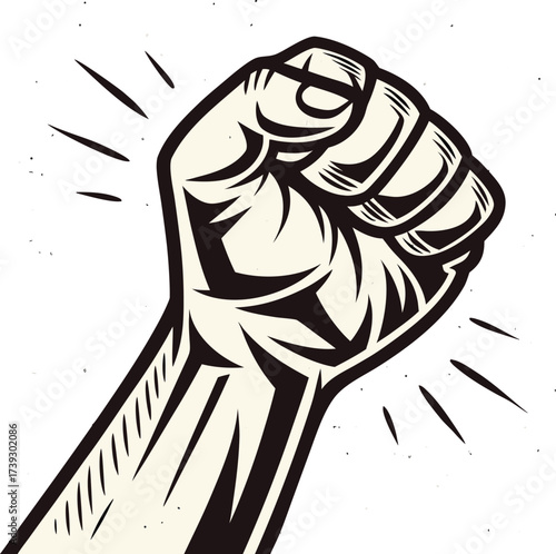 Bold graphic representation of a clenched fist signifying power unity and protest with dynamic rays emitting outward vector