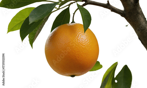 Ripe Orange Hanging from a Tree Branch with Green Leaves