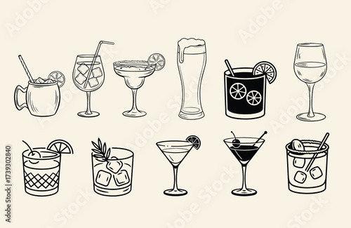 Outline drawings showcase multiple mixed drinks, beer, and wine on a simple background