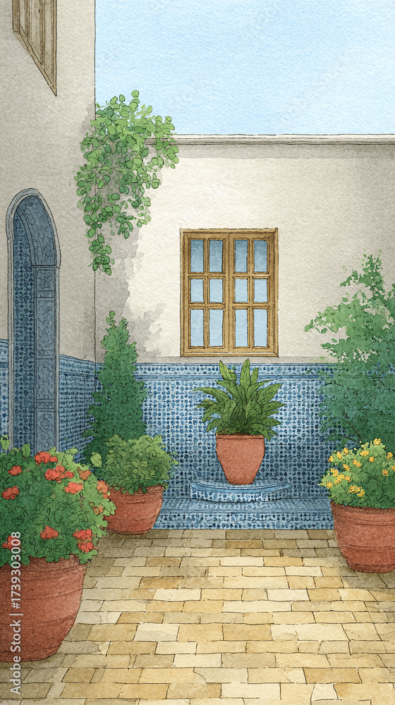 Naklejka premium Explore a Serene Patio Garden: A Beautiful Watercolor Illustration Capturing Outdoor Plant Life and Tranquil Architectural Elements