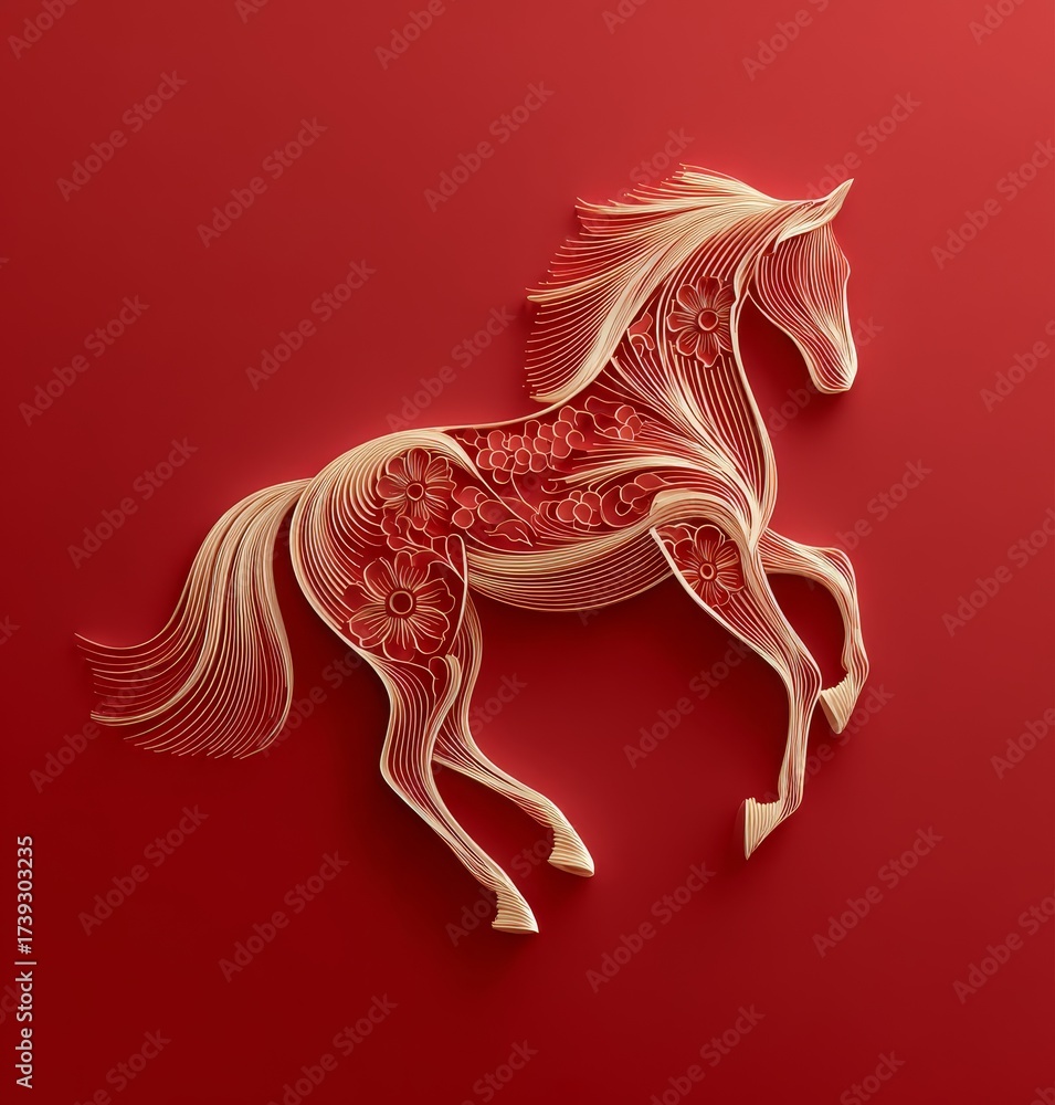 Fototapeta premium This is an artistic image of a horse with intricate paper - cut style and floral patterns on a red background, showcasing detailed and elegant design.