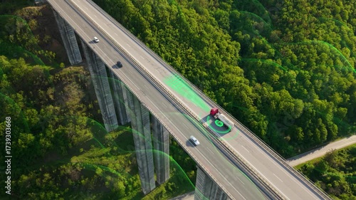 Self-Driving Autonomous Electric Truck with Trailer on Viaduct Road Future of Logistics, AI Technology, and Sustainable Smart Transport