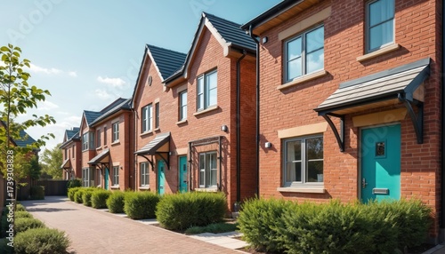 Wallpaper Mural Row of modern red brick houses with turquoise doors, grey roofs. Residential architecture exterior. Well-manicured shrubs, trees line brick pathway. Contemporary housing design featuring gable roofs, Torontodigital.ca
