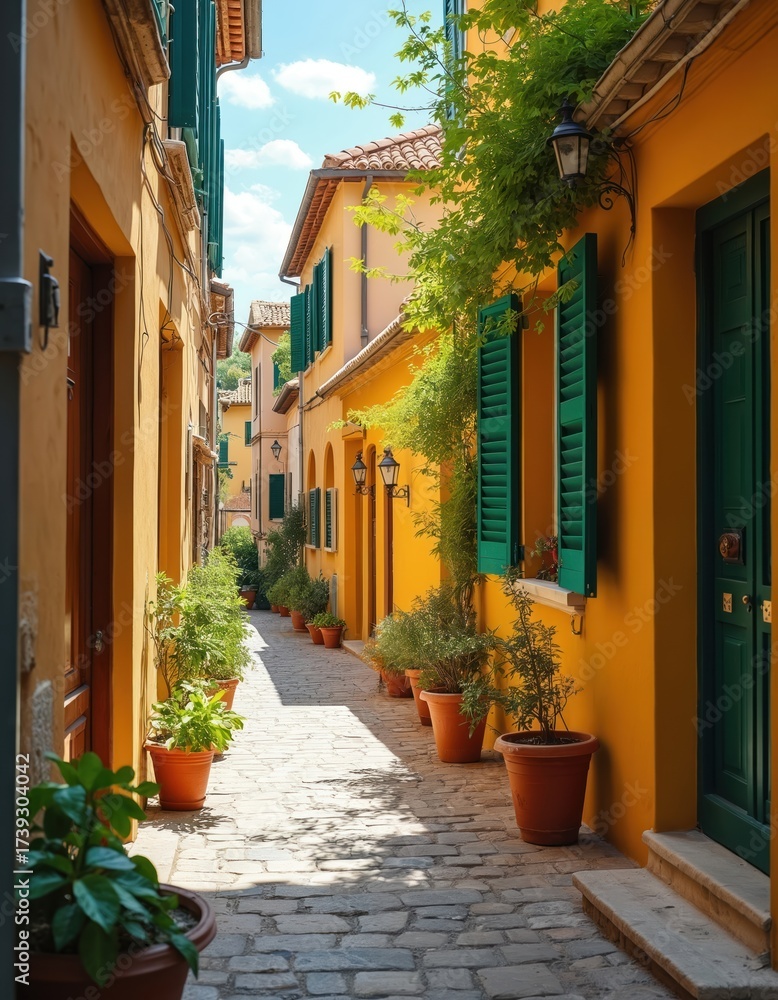 Fototapeta premium Narrow European street scene with colorful yellow buildings. Green shutters, climbing vines adorn old stone walls. Potted plants line sunlit cobblestone path. Traditional village architecture creates