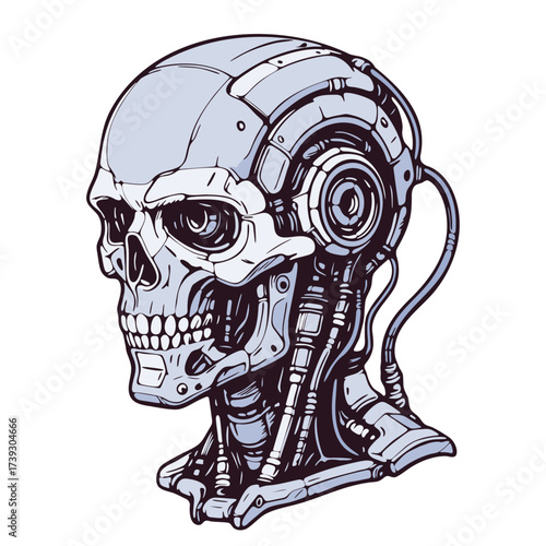 Cyberpunk robotic skull with mechanical implants and futuristic cables. High-detail biomechanical design blending human anatomy with advanced technology.  Vector illustration isolated on white
