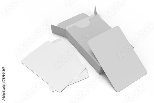 3D Playing cards with box mockup. Blank trading card, cards of poker hand, bet, casino, gambling, board games, game cards, player or greeting card, invitation, credit card and business card isolated