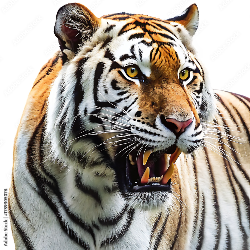 Obraz premium close up of a roaring bengal tiger with bared teeth isolated on white background, png, ai generated