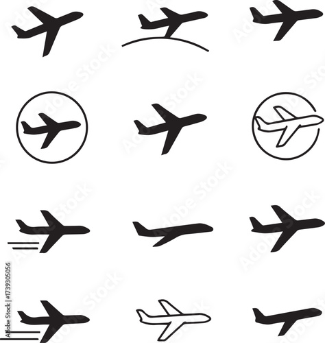 Airplane icon takeoff logo black pictogram set vector or plane take off flying silhouette shape graphic simple plain clipart  symbol, airport airline jet circle sign, aeroplane thin line outline art.