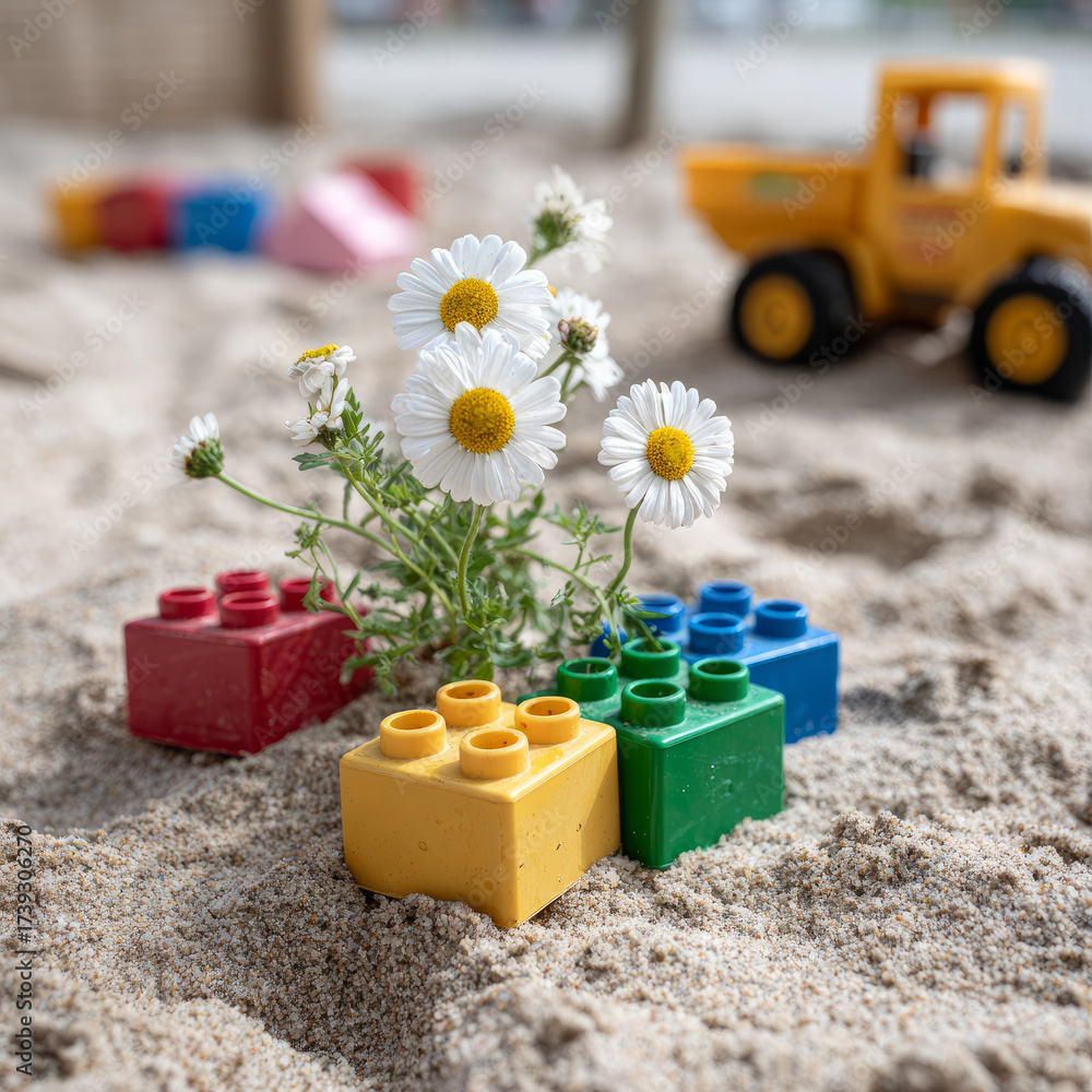 Fototapeta premium Colorful Lego bricks and daisies on sandy beach with toy truck.