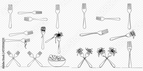 Continuous line art illustration set of forks with pasta and a bowl of spaghetti on a transparent background.