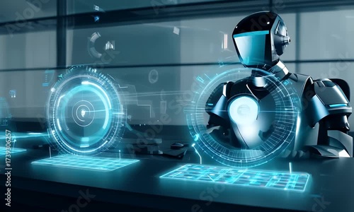 observing language humanlike 3d work digital generative render command virtual intelligence artificial cyber program robot working prompt interaction closeup ai eye head android looking face