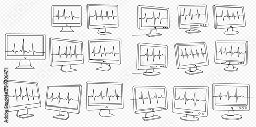 Hand-drawn sketch of multiple computer monitors displaying heart rate waveforms.
