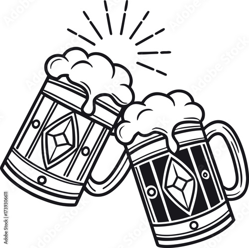 Two frothy mugs clinking together, celebrating a toasting moment with joyful rays emitting happiness and merriment vector