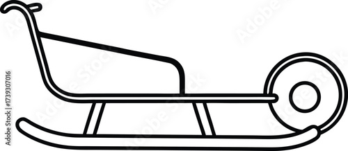 Simple line drawing of a vintage snow sled with a single wheel at the back for easy transport on white background 