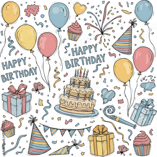  Birthday doodle icon element. Hand drawn sketch doodle birthday cake, balloon, event decoration element. Party, carnival celebration concept background. Vector illustration.