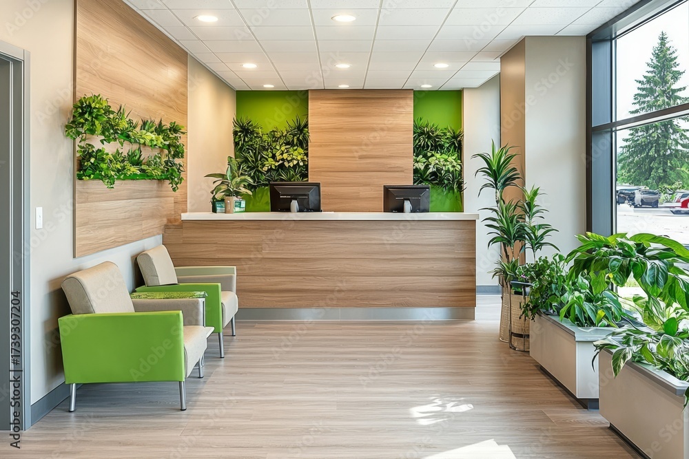 Fototapeta premium Clean and Airy Veterinary Reception Featuring Natural Elements