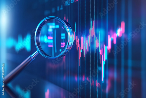 Magnifying glass focusing on digital stock market chart with colorful line graph and data points, representing financial analysis and market trends