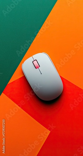 Top view of white mouse on bright geometric background