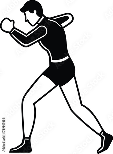Stylized silhouette of a boxer in motion throwing a punch during training on white background 