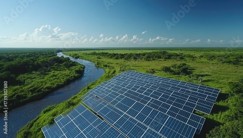 Solar array meets river amidst green fields under blue sky