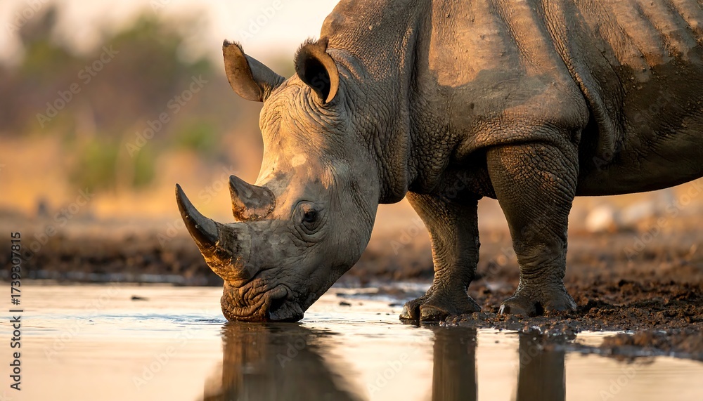 Fototapeta premium An adult rhinoceros, with thick hide and a prominent horn, drinks from a muddy watering hole, bathed in warm sunlight