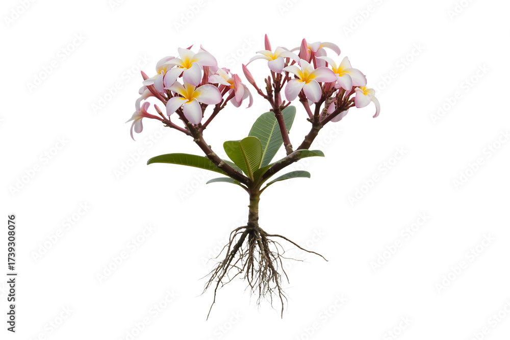 Obraz premium Delicate pink and yellow plumeria flowers with visible roots isolated on transparent background