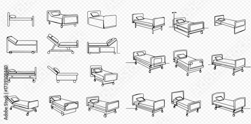 Collection of hand-drawn line art illustrations depicting various types of beds, including hospital and adjustable medical beds.