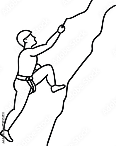 Line art illustration of a person rock climbing up a steep cliff face holding a rope on white background 