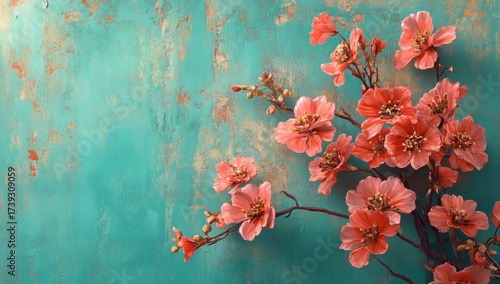 Whimsical hand-painted florals, bursting with vibrant color, unfold on a calm teal canvas, whether in fabric or painting