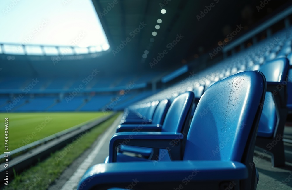 Obraz premium Stadium seats are empty before the event begins. Blue chairs arranged in rows. Green field awaits competition. Modern architecture inside the sports arena. No people are present