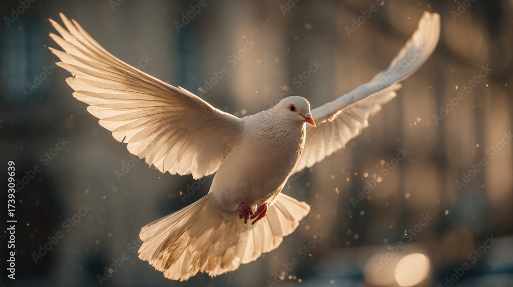 Obraz premium a pure white dove suspended mid-air, wings fully outstretched in perfect symmetry