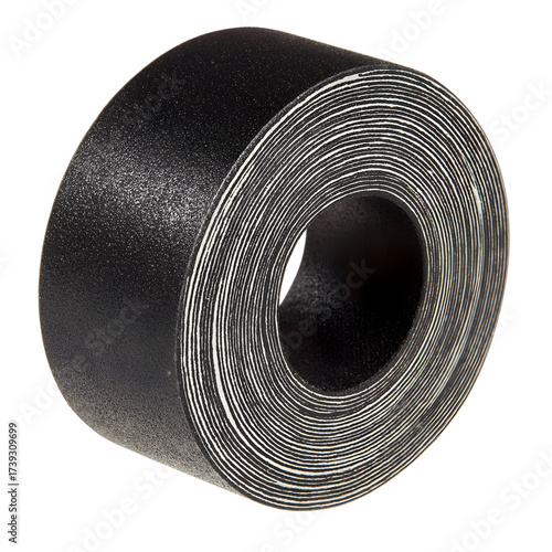 Rolled black material with visible layers on transparent background