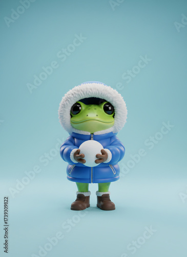 A Whimsical Winter Frog Ready to Play with a Snowball Delightful 3D Render on Soft Blue Background. Generative AI