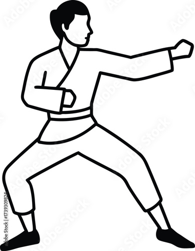 Martial artist in a dynamic fighting stance performing a powerful punch in a stylized line drawing on white background 
