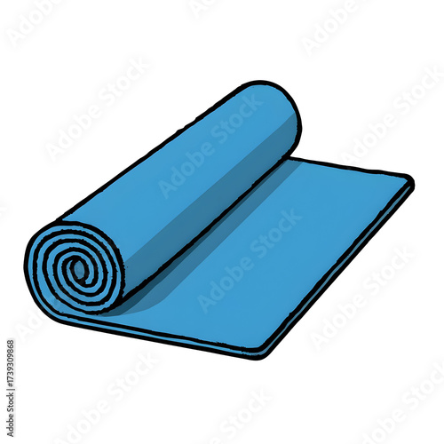 Rolled blue yoga mat illustration on transparent background