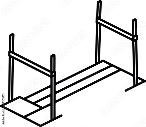 Simple line drawing of a basic scaffolding structure with wooden planks and metal poles on white background 