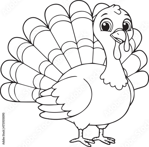  create Cute cartoon turkey outline coloring page on a white background.
