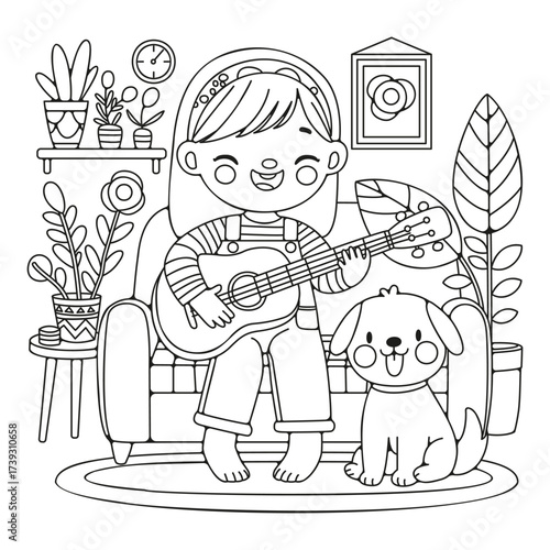 A sweet girl sits on the couch and plays the guitar. A dog sits nearby and listens to her singing. Coloring page for children and adults. Art therapy.