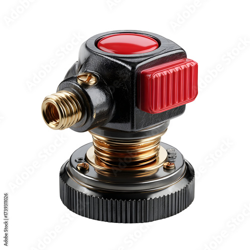 Mechanical control device with red button and metallic components against transparent background