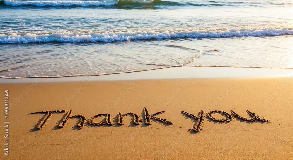 Fototapeta premium Thank You Text Written on Sand with Ocean Waves and Sunset