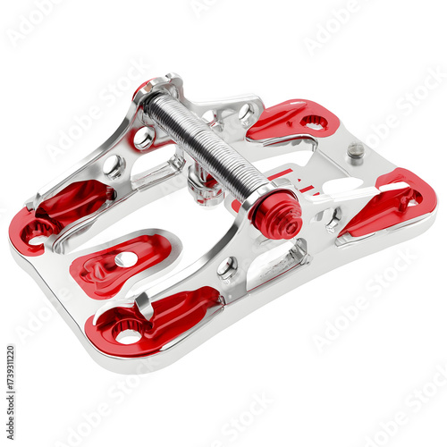 Mechanical device with red accents and metallic finish on transparent background
