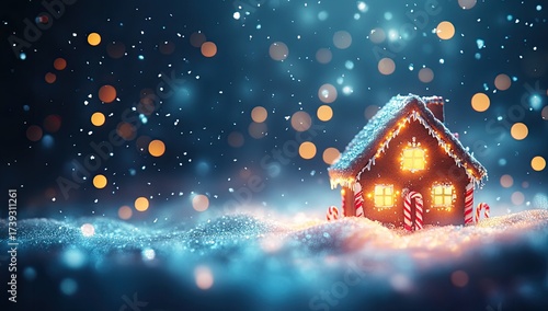 Gingerbread house glows in snowy, bokeh winter wonderland