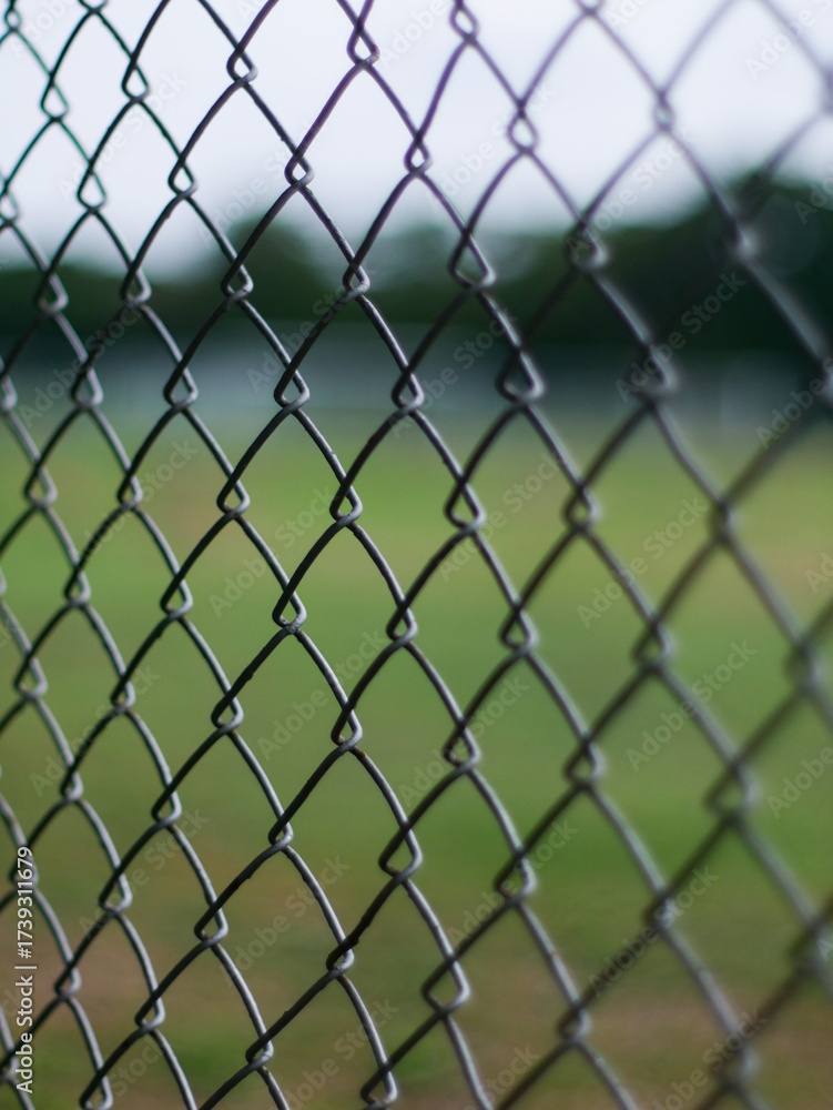 Fototapeta premium Close-Up of Chain Link Fence with Shallow Depth of Field - Metal Wire Mesh Barrier with Blurred Green Background