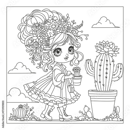 A sweet girl with a beautiful hairstyle holds a cactus flower. Coloring page for children and adults. Art therapy.