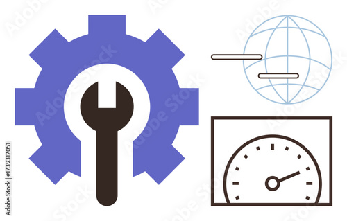 Large gear with wrench symbolizes tools and solutions, gauge indicates performance, world network suggests global reach. Ideal for development, performance, progress, improvement, global solutions