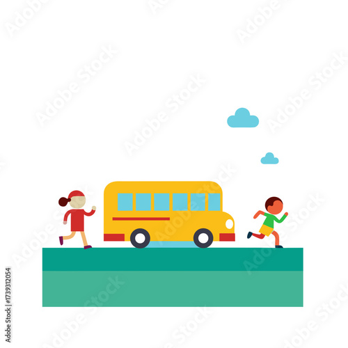 Children running to catch the yellow school bus on a sunny day